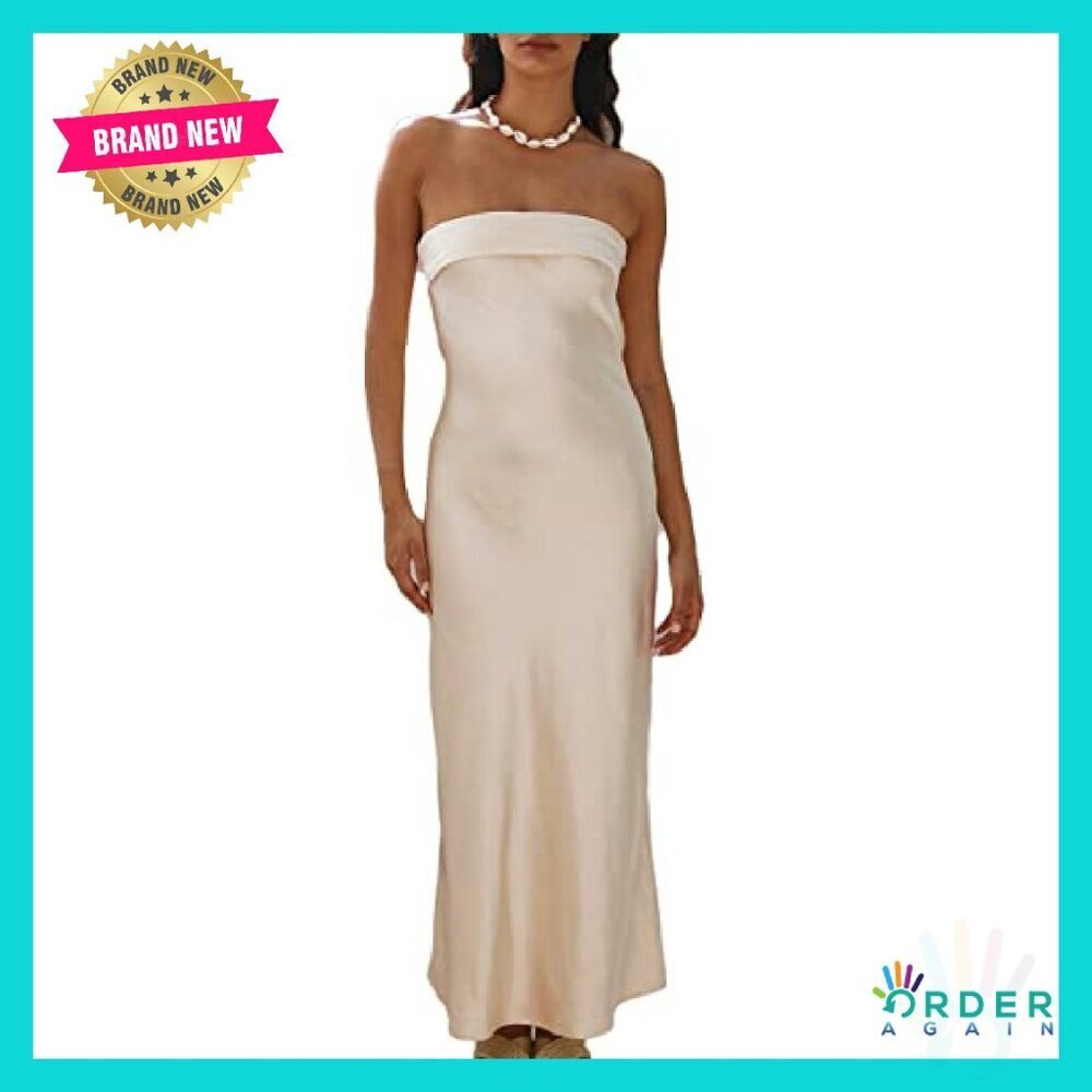 Satin Silk Backless Tube Top Maxi Dress Elegant Strapless Formal Evening - Picture 2 of 5